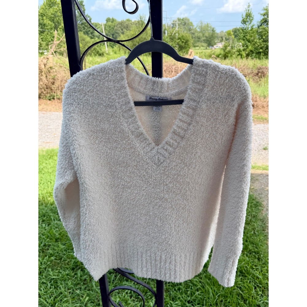 Tommy Bahama Island Soft V-Neck Popcorn Knit Sweater Cream White Womens Medium